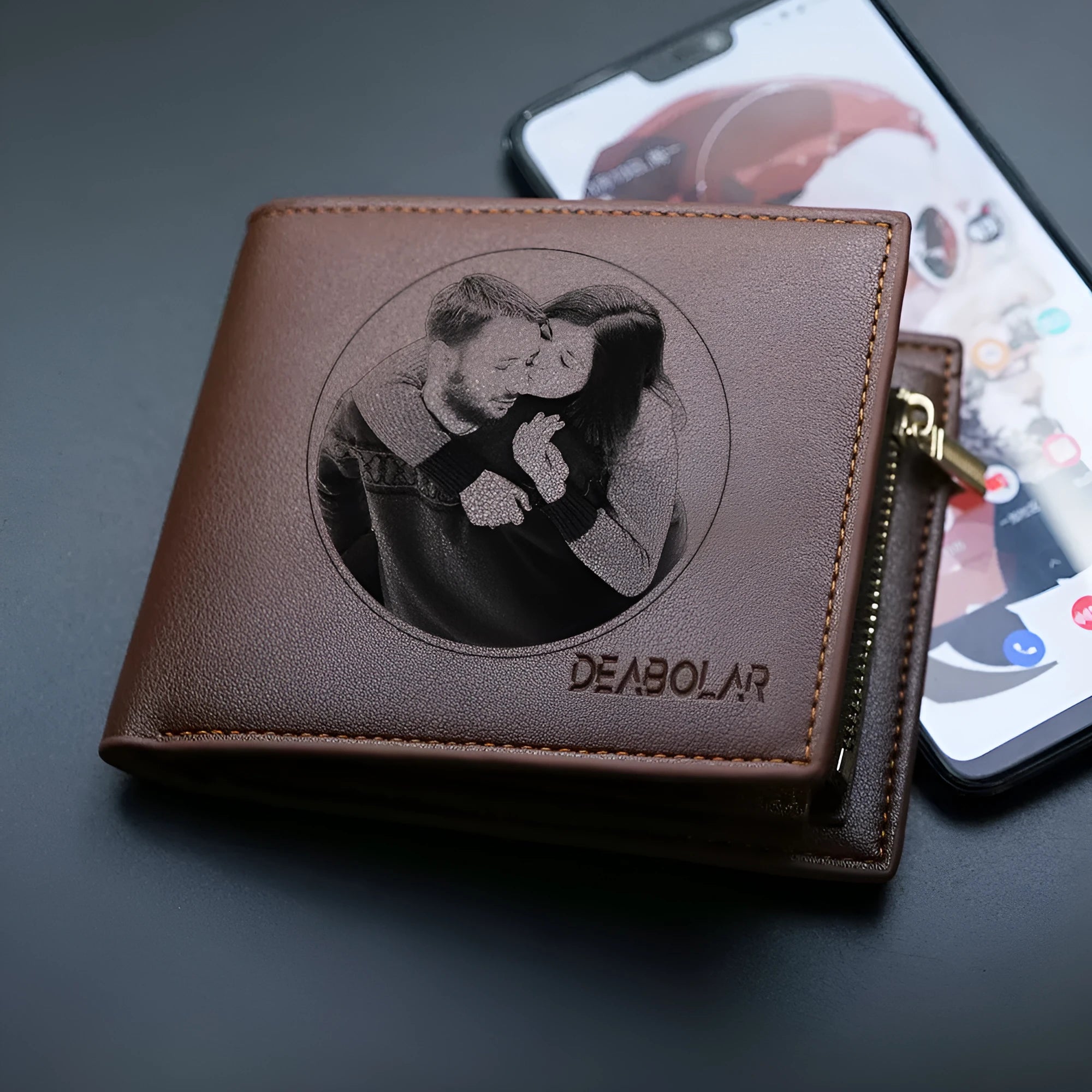 Men's leather wallet with zipper closure, individually packaged for gifting