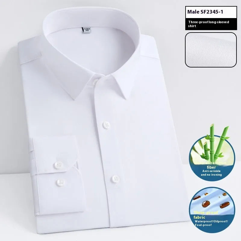 Men's slim fit square collar business shirt in bamboo fibre fabric, available in long and short sleeve styles.