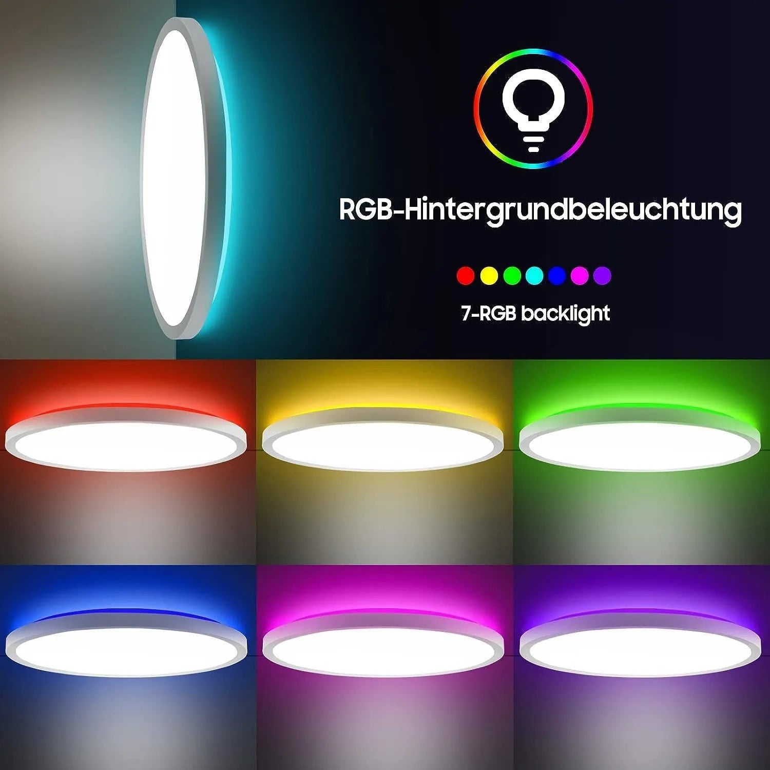 Round flat LED ceiling light 24W with RGB backlight in white frame on a bedroom ceiling