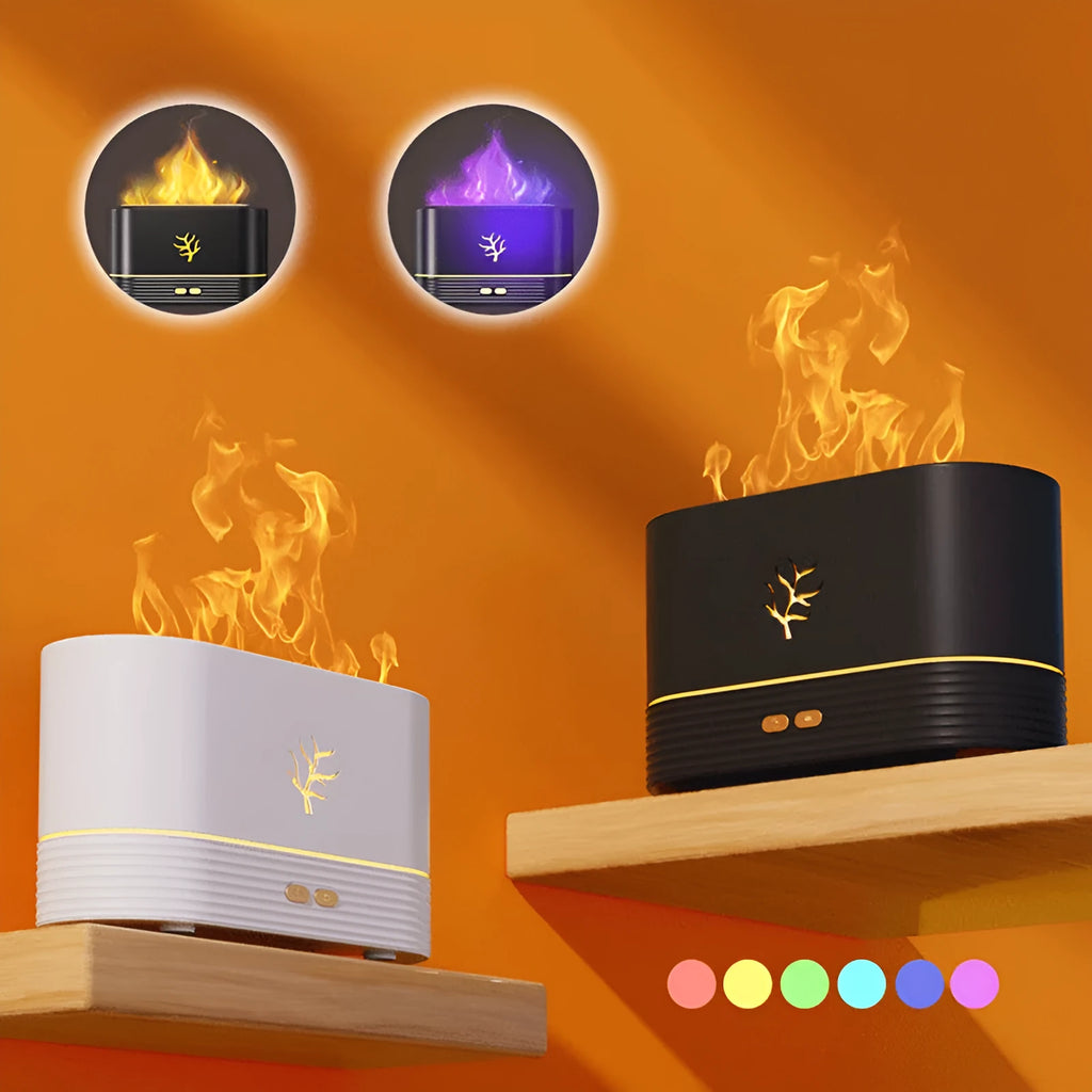 Square white USB aroma diffuser with flame effect LED lighting and humidifier function