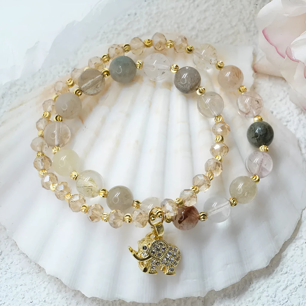 Women's retro bracelet with colour hair crystal and strawberry quartz stones in 521-stone ethnic design