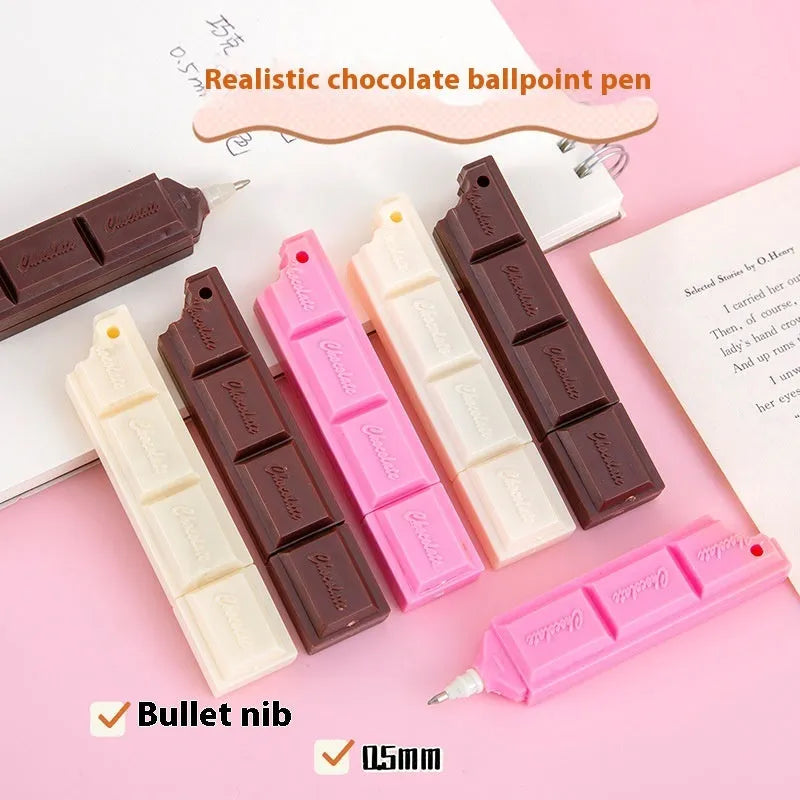 Chocolate ballpoint pen with 0.5mm tip in pink, beige, and brown colour options