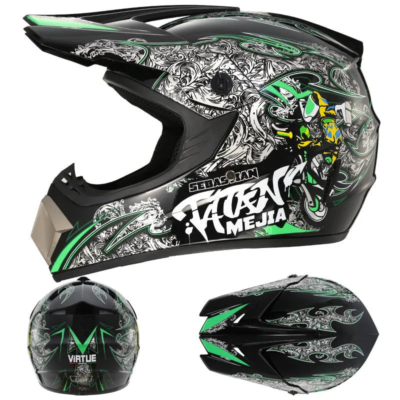 Adult kart and motorcycle helmet with ABS shell in Bright Black Green Boy colour.