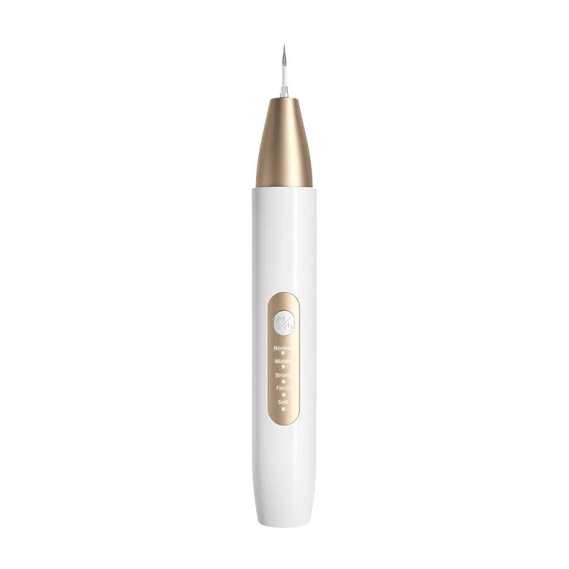 Gold-handled ultrasonic tooth cleaner with stainless steel tips for removing tartar and stains.