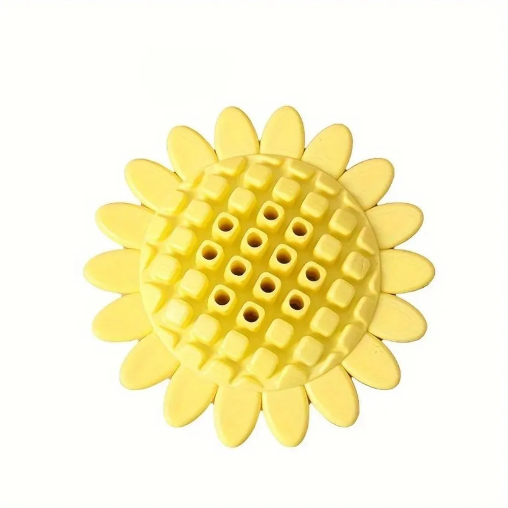 Yellow rubber sunflower dog chew toy for small dogs and puppies, 7.5cm diameter
