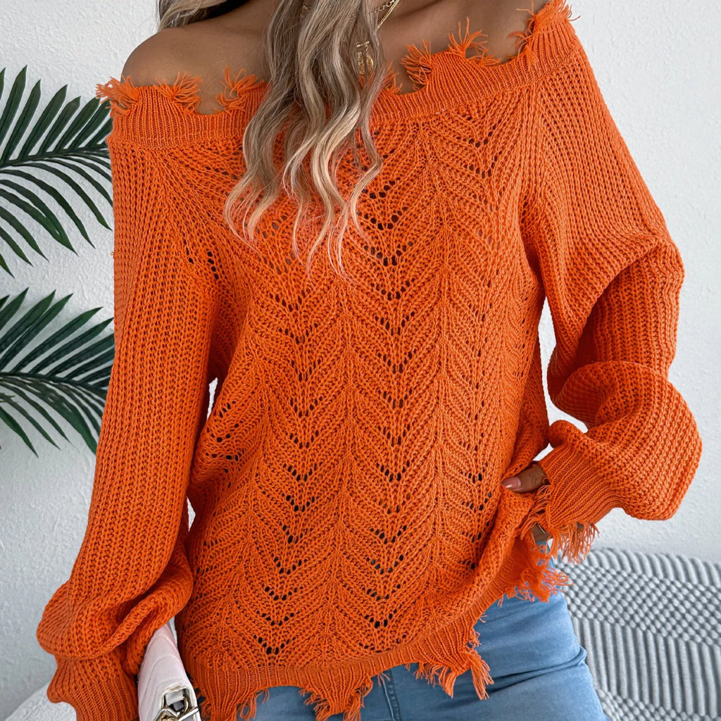 Women's white hollow-out knit pullover sweater with an off-the-shoulder neckline