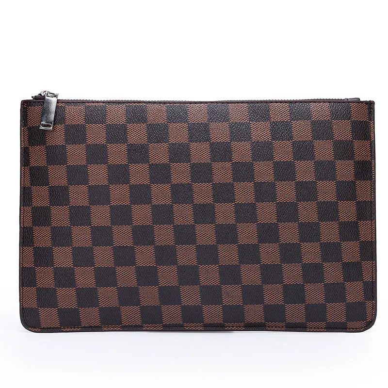 Men's black checkered PU leather clutch wallet showing six card slots and zipper pocket