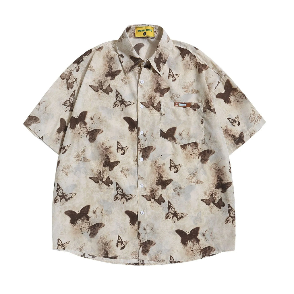 Loose half sleeve top with butterfly pattern in gray or khaki, polyester, sizes M L XL