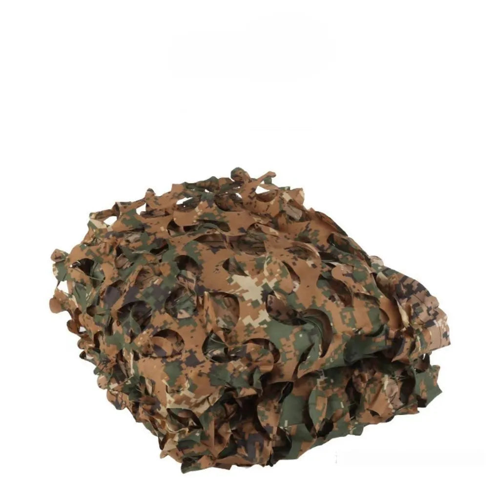 Green camouflage net with mesh pattern for outdoor camp cover and military sunshade.