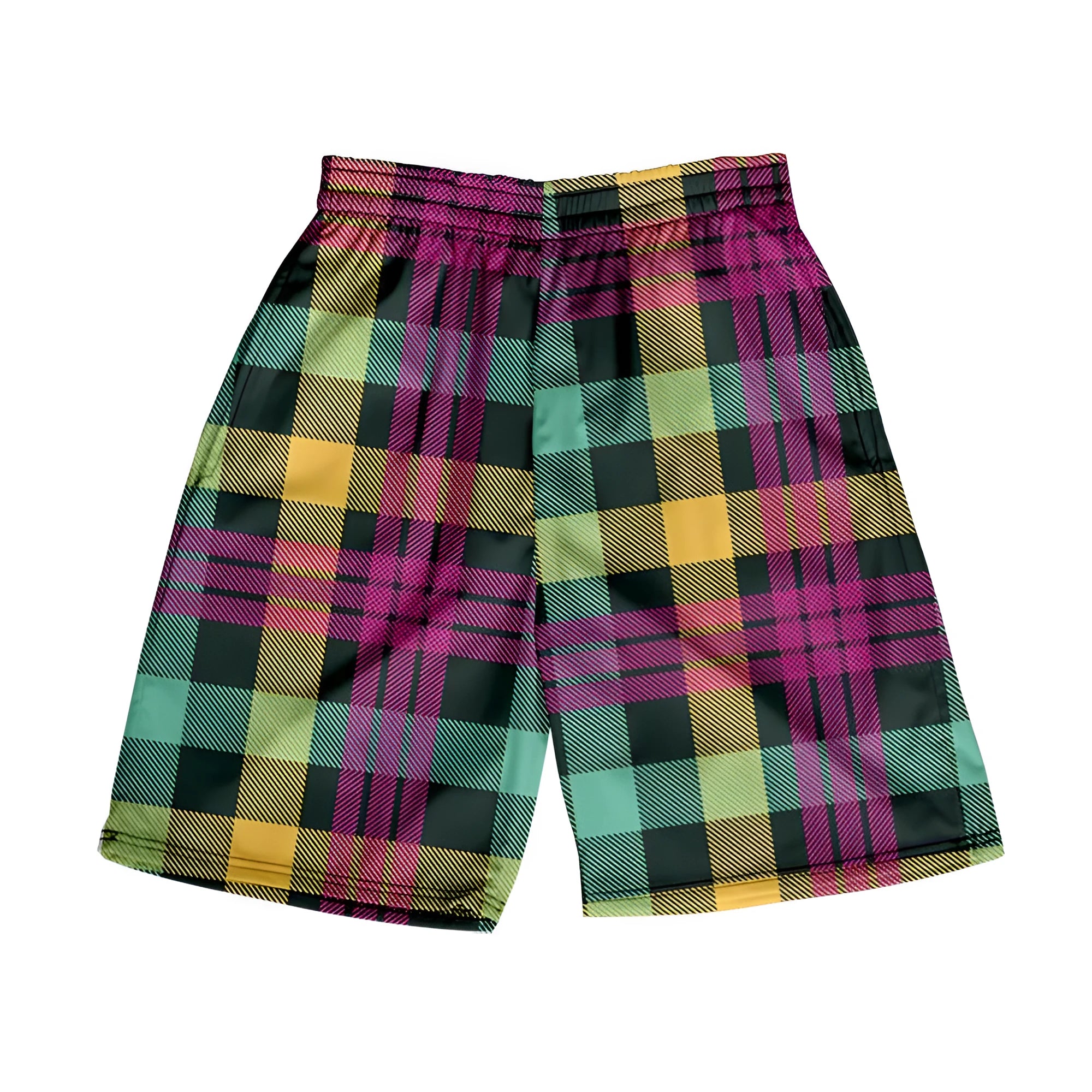 Man wearing straight-leg plaid shorts with an elastic waistband on a beach, showing one of twenty available colour variations.