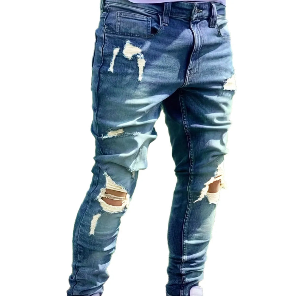 Men's ripped straight leg jeans in peacock blue cotton with street style detailing