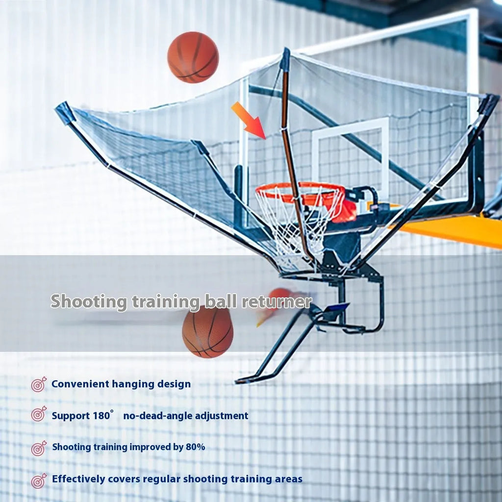 Automatic basketball training ball return with cowhide leather components and iron frame, hanging for solo shooting practice.
