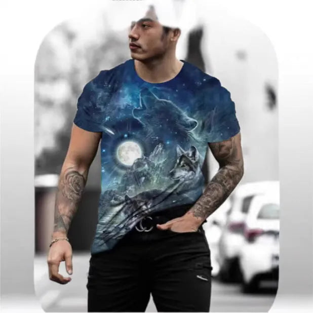 Retro 3D animal graphic printed on a men's short sleeve grey t-shirt.