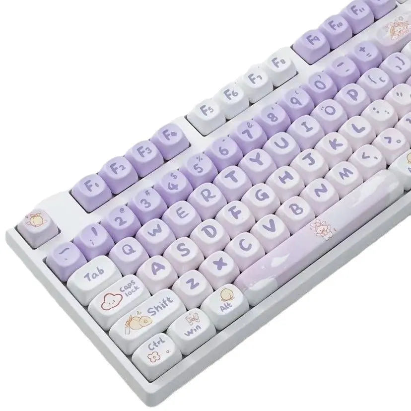 Set of gradient purple PBT key caps for mechanical keyboards featuring rabbit artwork.
