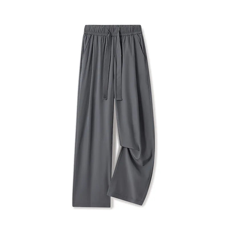 Men's quick-drying loose straight wide-leg casual trousers in black, polyester blend, drawstring waist