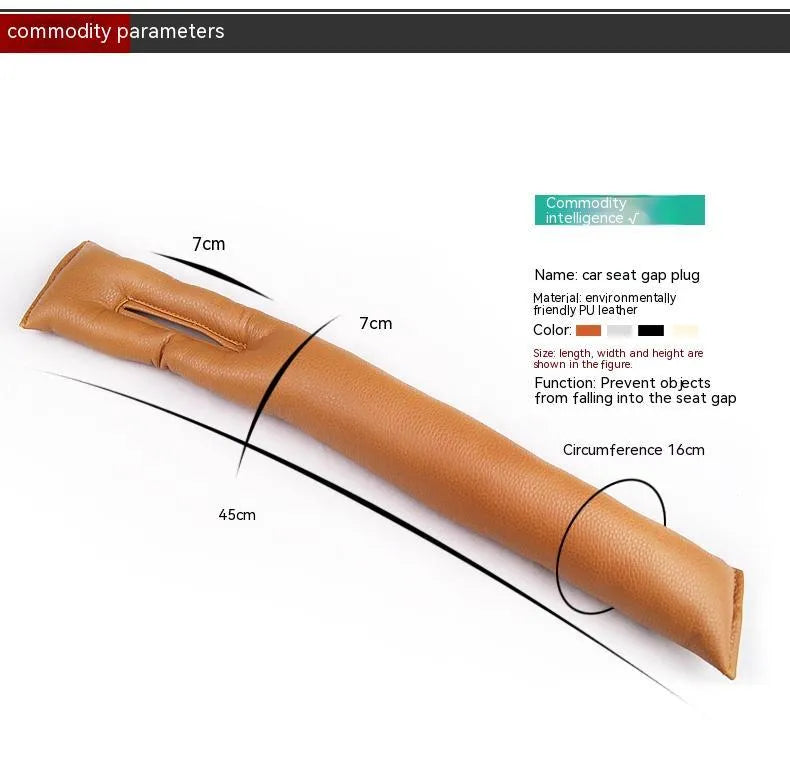 Leather-look PU car seat gap filler strip in black, beige, brown, and grey colours.