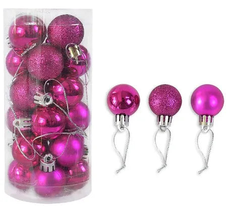 Set of 24 shiny and matte finish Christmas ball ornaments in assorted colours, each 3cm in diameter.