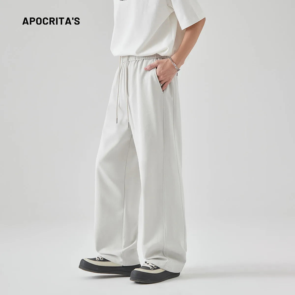 Men's straight-leg casual trousers in Paris grey with high waist and lace-up detail