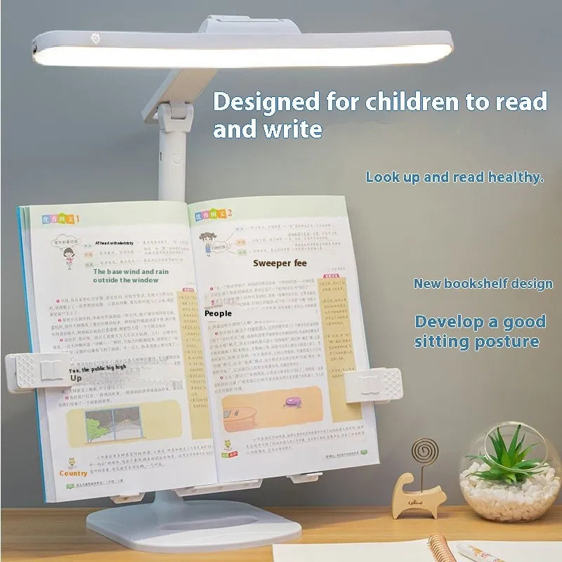 Adjustable black desk lamp with gooseneck arm and clamp, showing three light colour temperature settings.