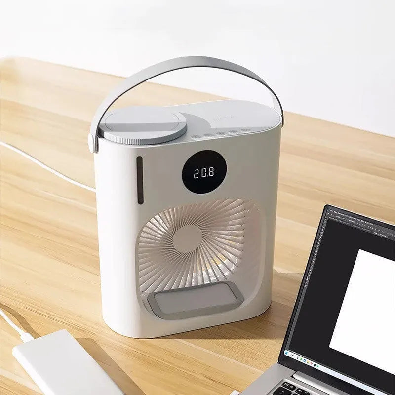 White USB refrigeration air conditioner household fan, 276 x 229 x 148mm, brushless motor, timing screen display.