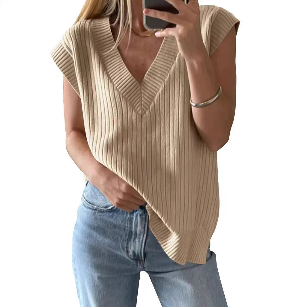 Women's camel colour V-neck sleeveless casual vest in loose fit viscose fabric