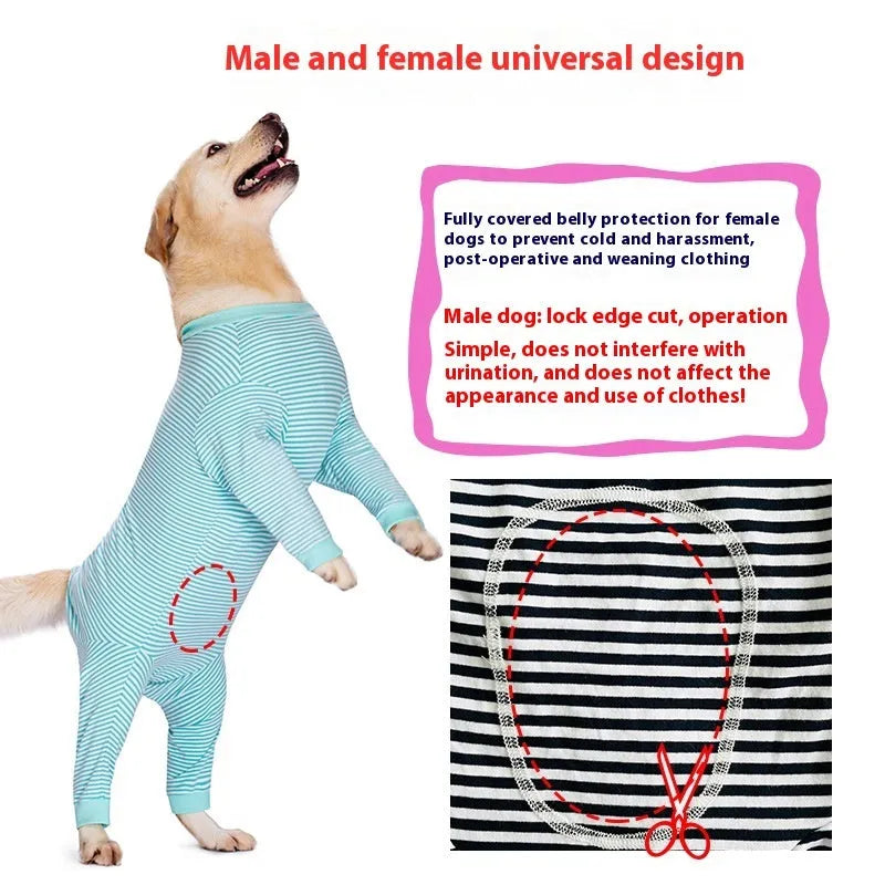 Four-legged striped dog shirt for medium to large breed dogs in polyester fabric