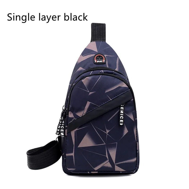 Men's blue crossbody sling bag with an earphone hole and zipper pocket.