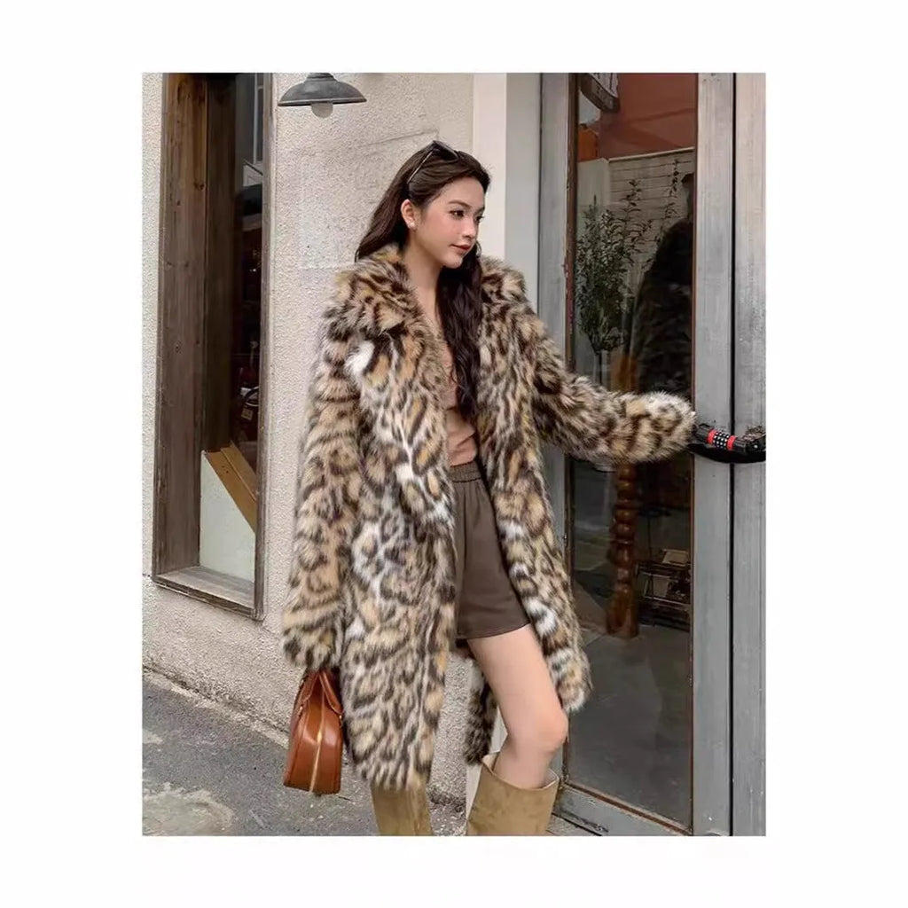 Street fashion faux fur coat with fur collar in mid-length style showing pocket detail