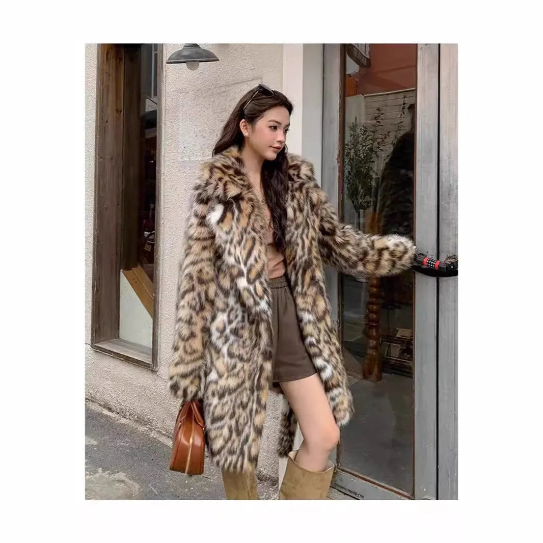 Street fashion faux fur coat with fur collar in mid-length style showing pocket detail