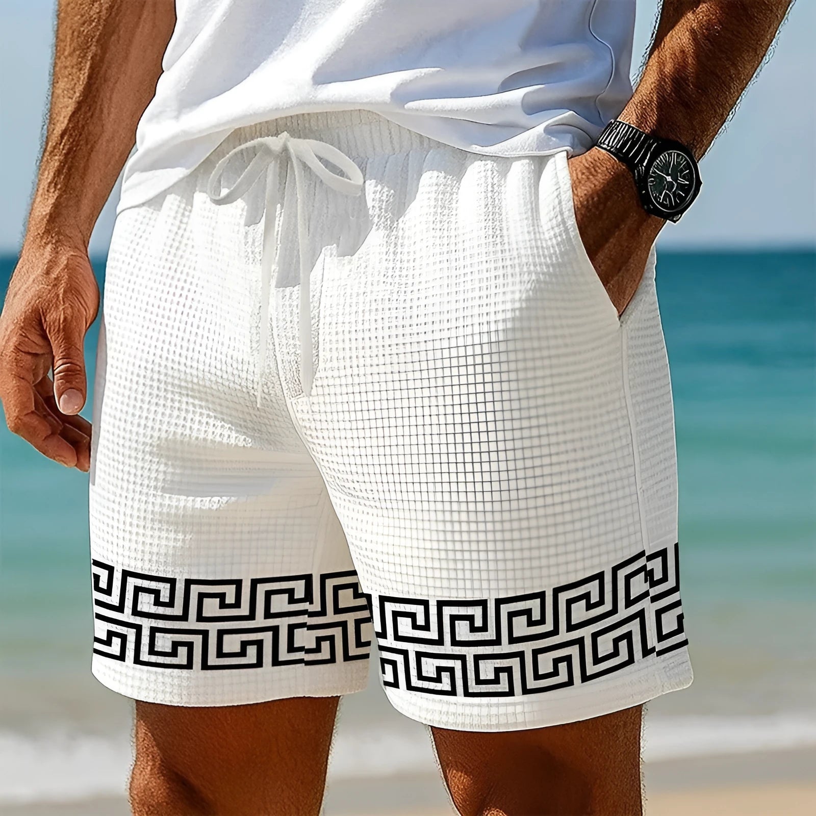Summer men's American waffle loose shorts in white, polyester, sports style, sizes S-6XL