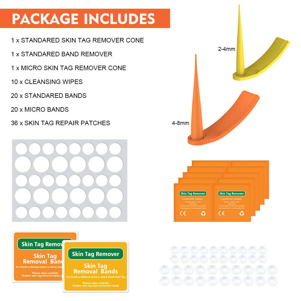 Orange-yellow mole remover tool kit with two devices, rubber rings, alcohol swabs and repair sticker