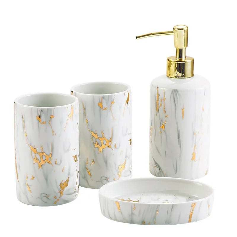 White ceramic bathroom wash kit with marble design showing two cups, latex bottle, and soap box