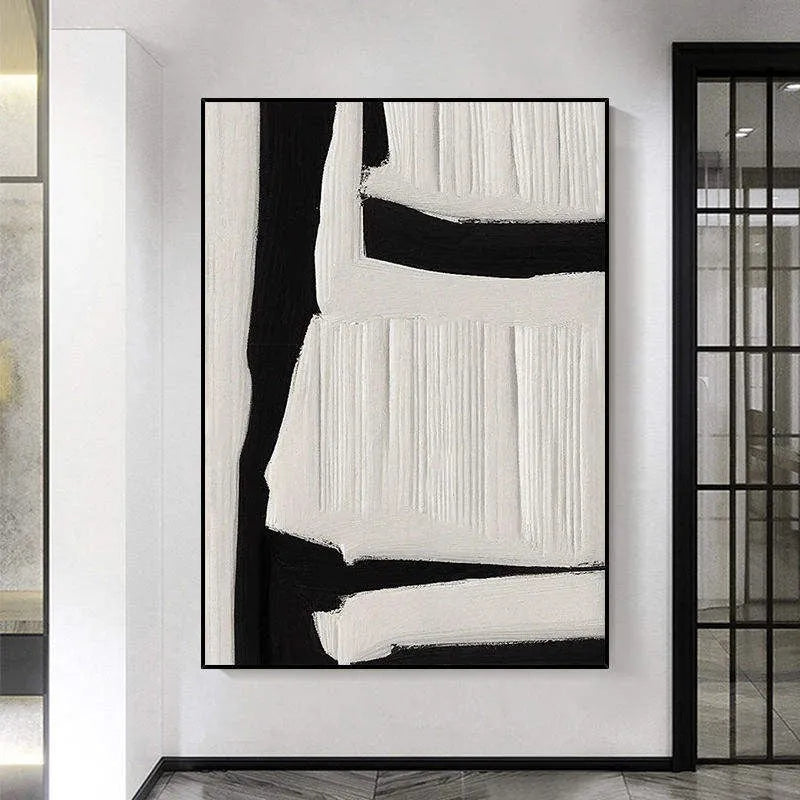 Large black white beige abstract handmade oil painting on canvas, vertical one-panel modern wall art without frame