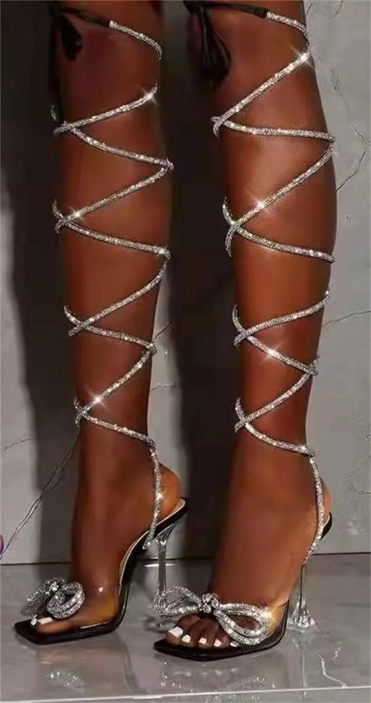 Plus size women's strappy sandals with Roman rhinestone straps and square toe design