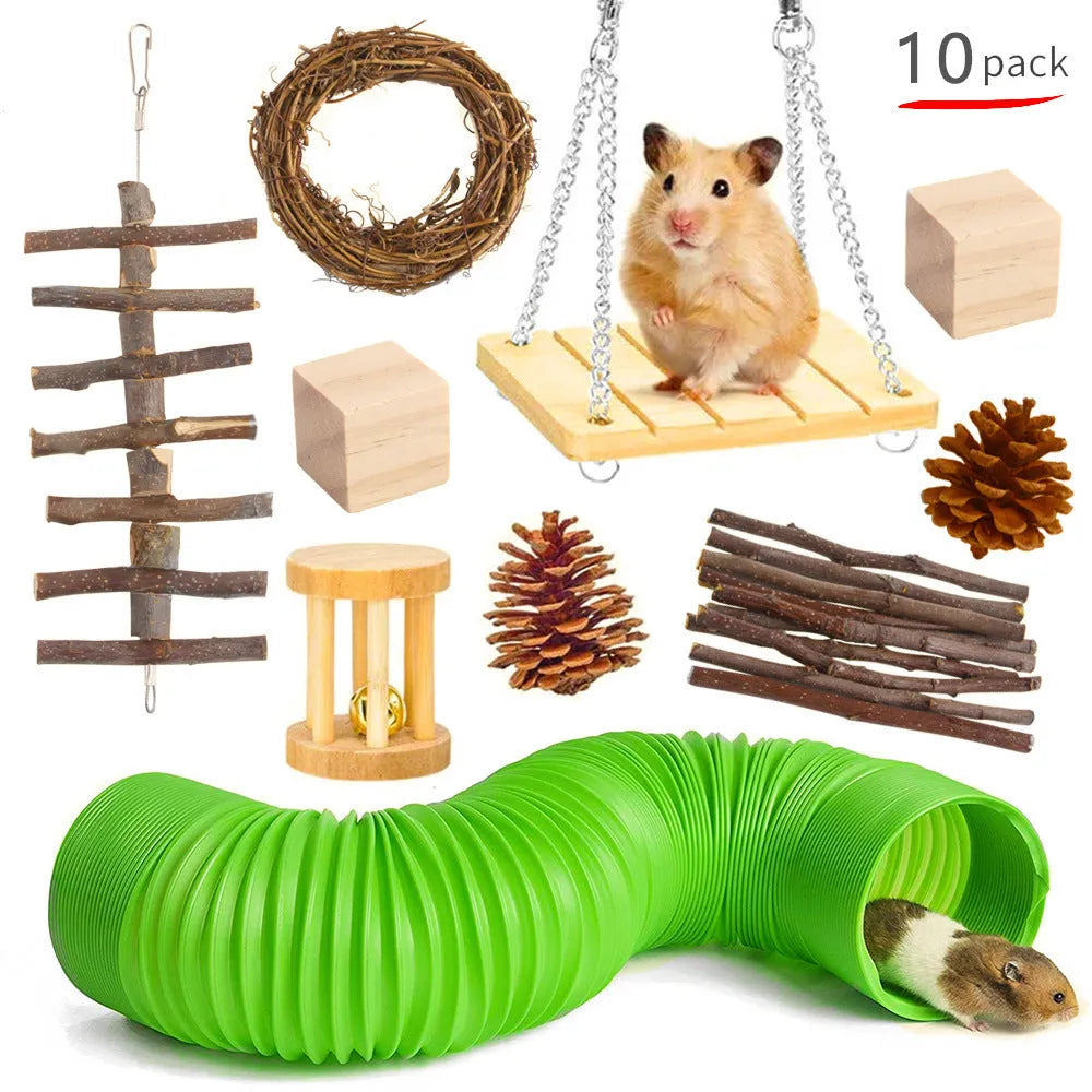 Assortment of natural wooden and woven grass chew toys for small pets like rabbits and guinea pigs