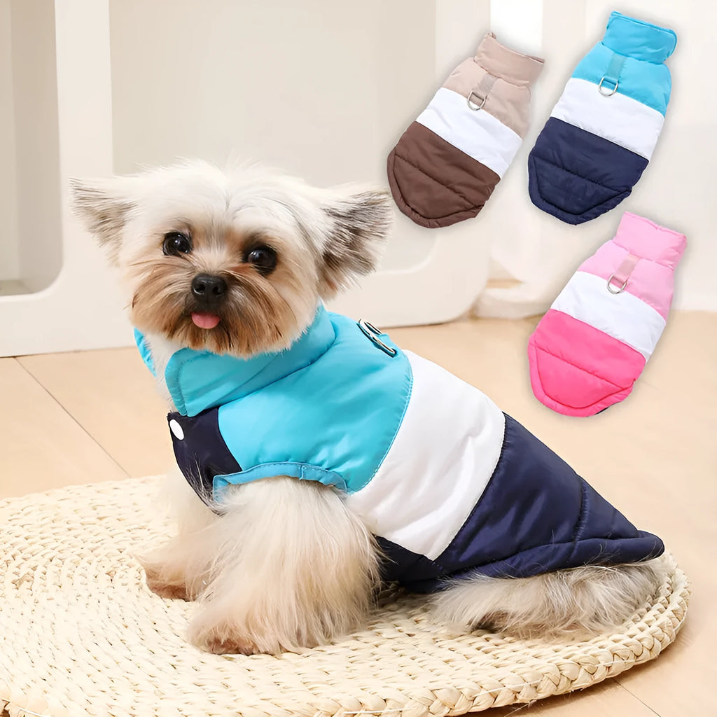 Dog autumn winter coat with leash in white and blue colour, fleece lined polyester pet jacket for small medium large dogs