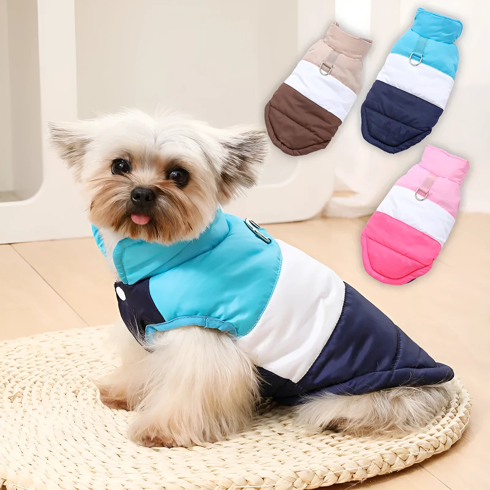 Dog autumn winter coat with leash in white and blue colour, fleece lined polyester pet jacket for small medium large dogs