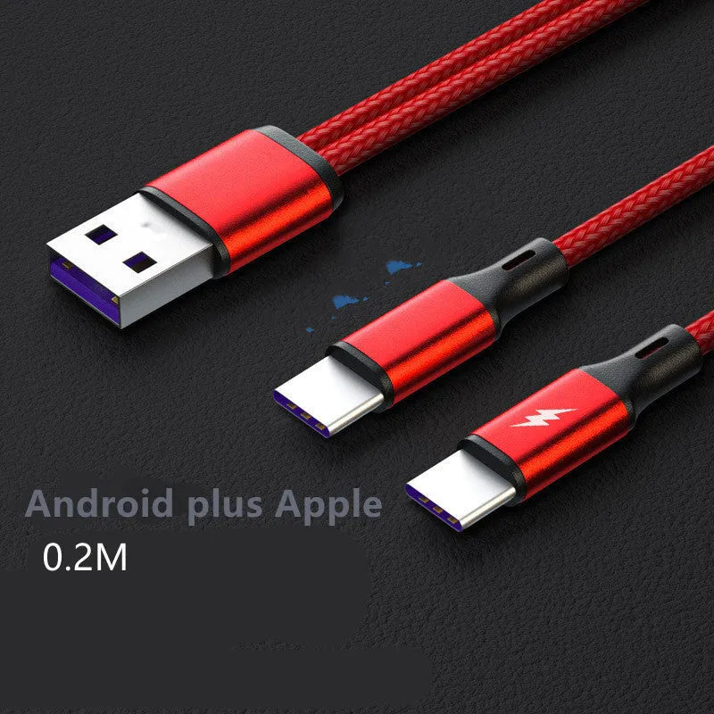 Black and red braided fast charging cable with two Android connectors for simultaneous device charging.