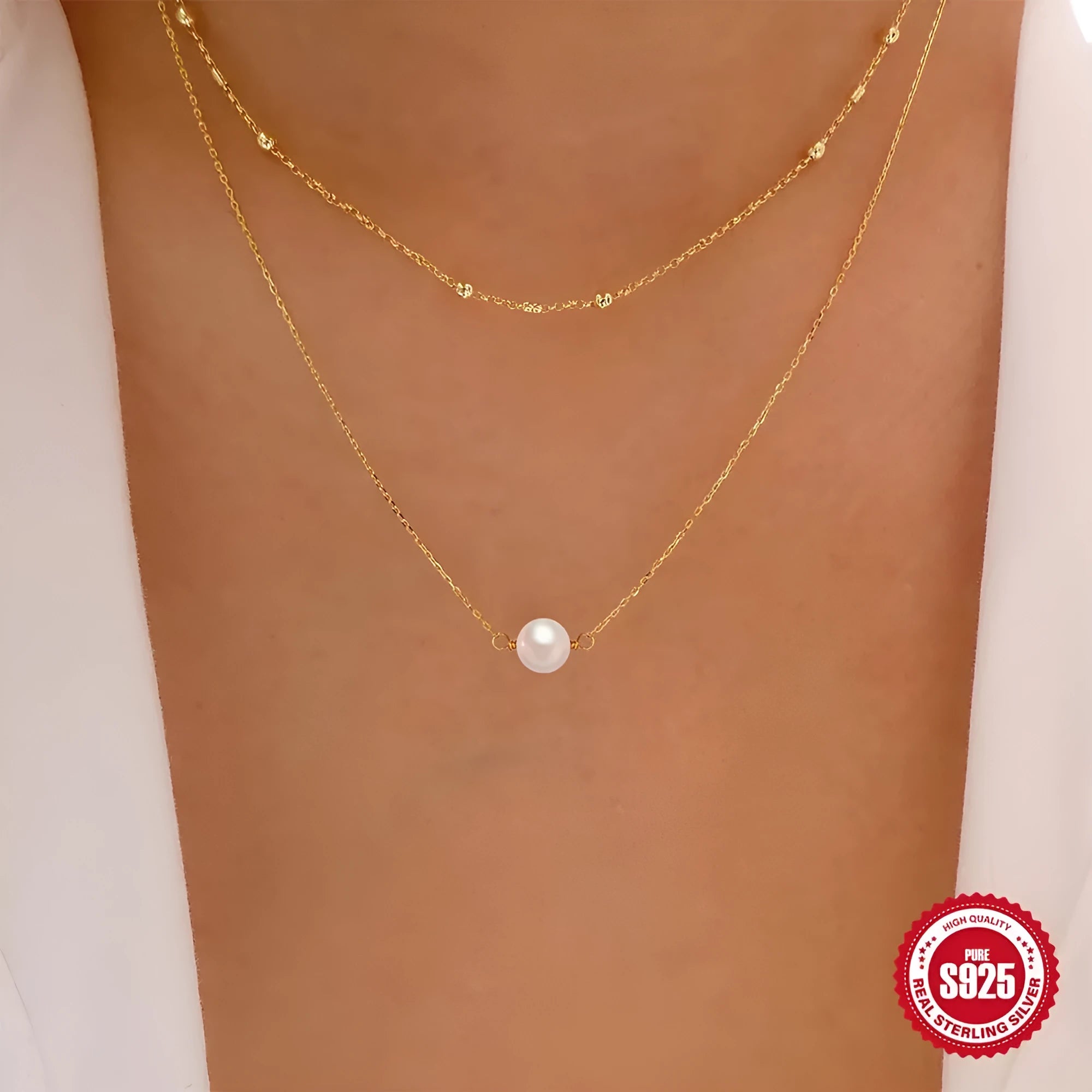 S925 sterling silver double-layer necklace with twin pearls on a ball bead chain.