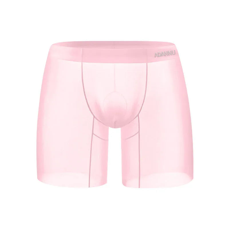Men's low-waist boxers in solid orange, pink, or red made from breathable ice silk nylon fabric.