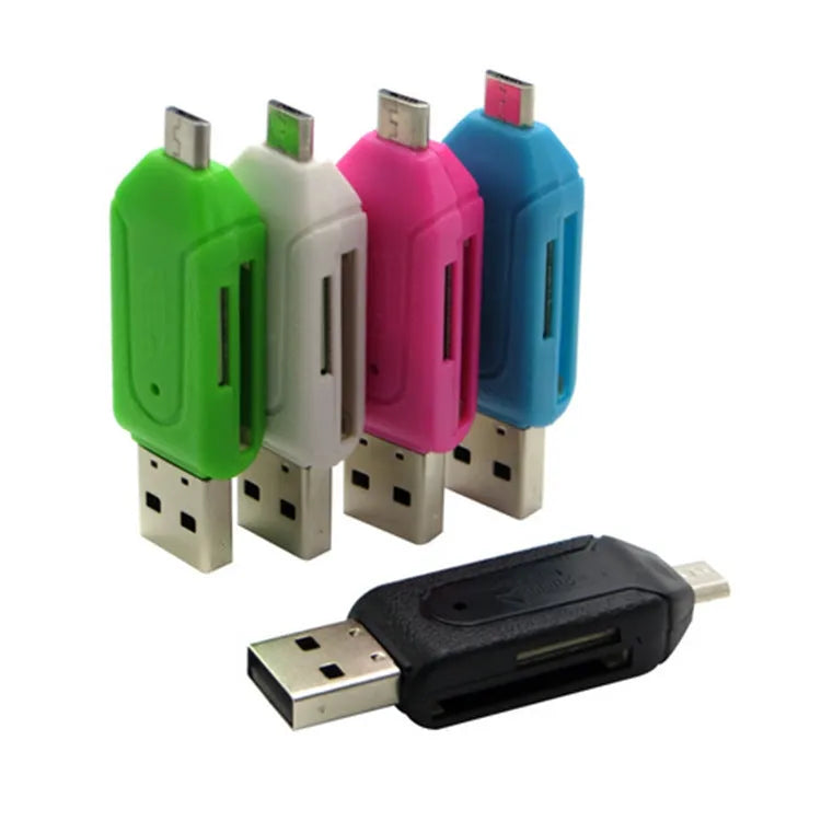 OTG dual-purpose card reader in black with micro USB plug and slots for SD and TF memory cards.