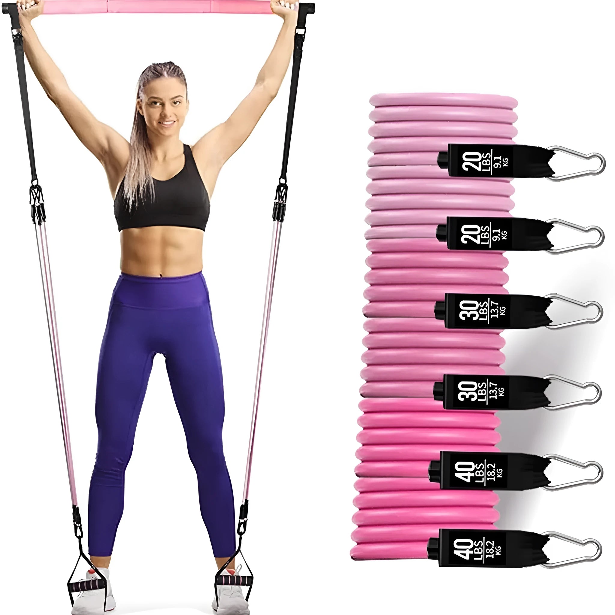 Pink and black 180-pound TPE resistance band with a gymnastic bar for fitness training.