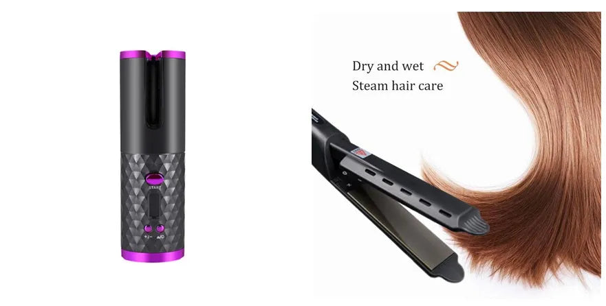A white portable automatic wireless curling iron with a USB cable and a gold ceramic barrel.