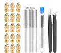 MK8 brass 3D printer nozzle and stainless steel cleaning pin on a white background.