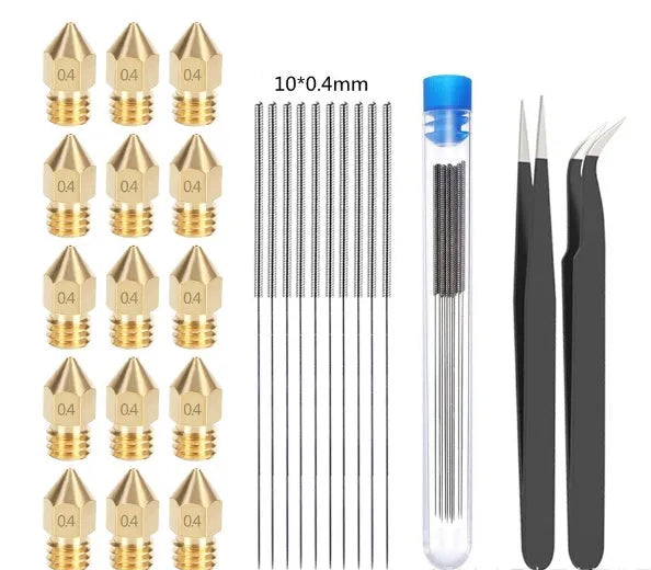 MK8 brass 3D printer nozzle and stainless steel cleaning pin on a white background.