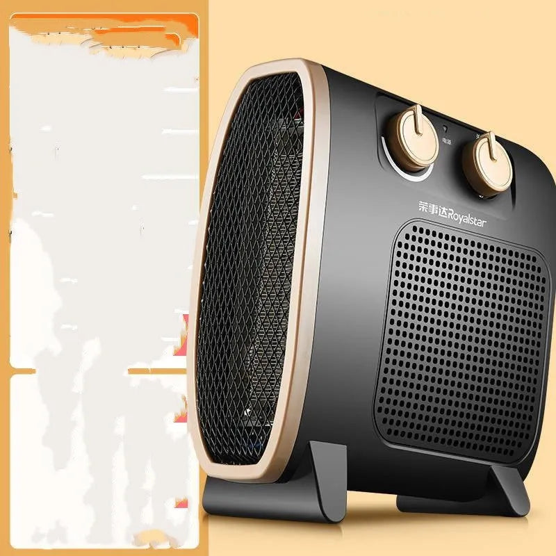 White and black gold portable electric ceramic fan heater with control dials on top.