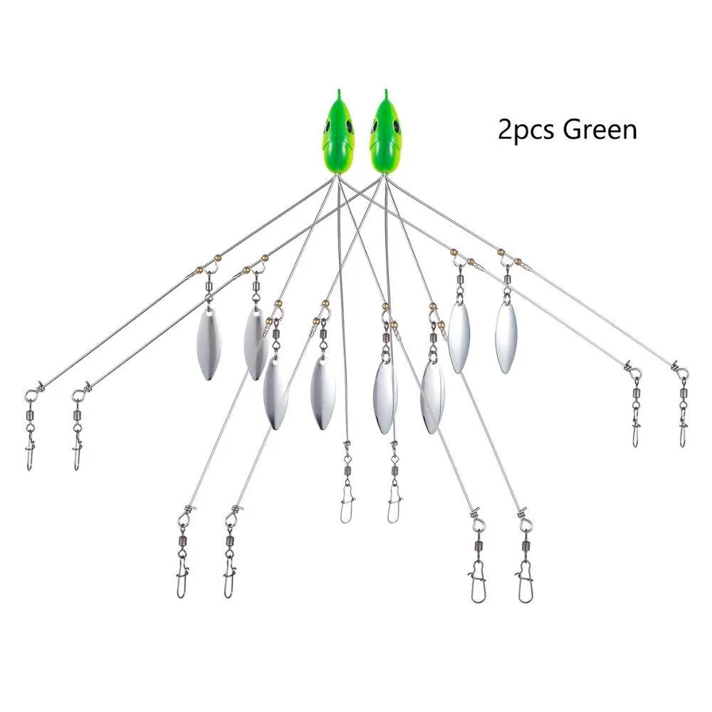 Bassdash umbrella fishing lure rig with 5 swivels and rotating metal sequins in green colour