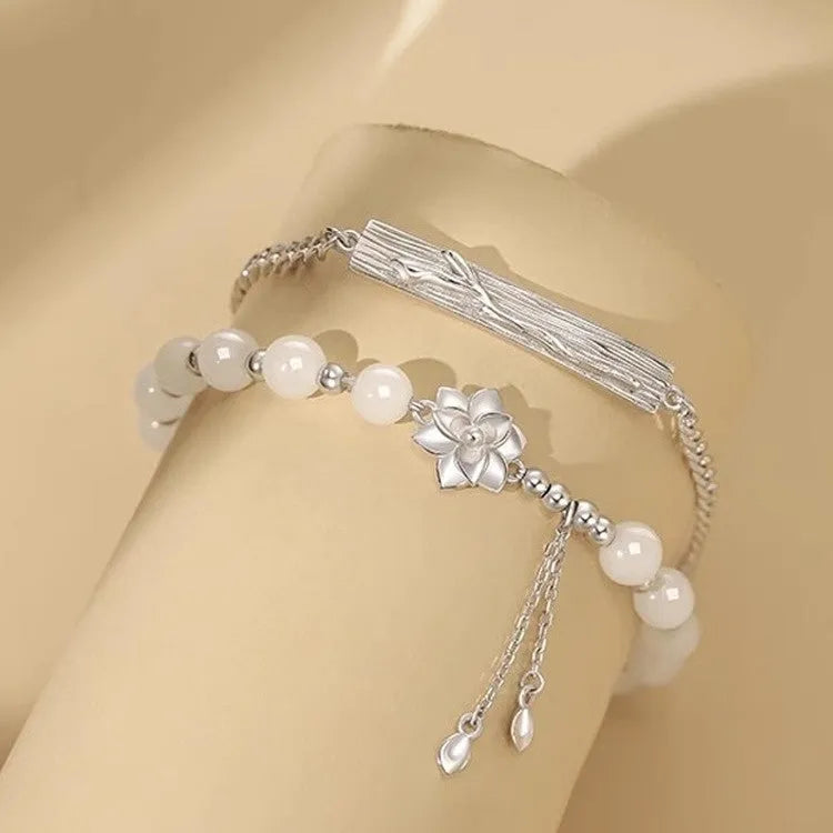 New Chinese Ins style couple's beaded bracelet with resin camellia, lotus, and peach blossom floral charms.