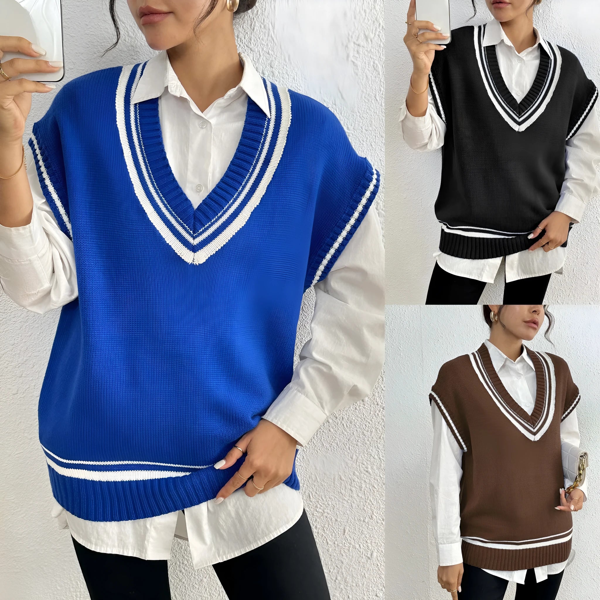 Women's loose blue college-style wool vest sweater, acrylic polyester blend, front view.