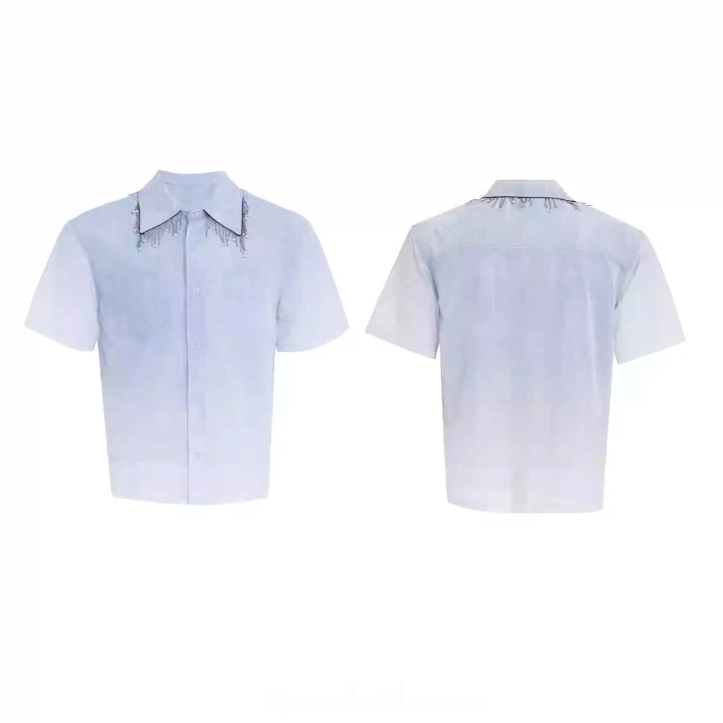 Blue and white gradient short-sleeved casual shirt on a hanger.